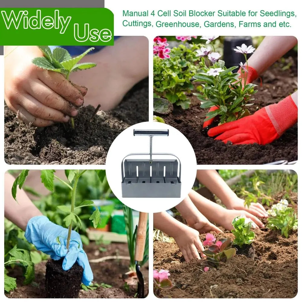 Soil Block Maker – 4-Cell Handheld 50mm Seedling Blocking Tool for Garden & Greenhouse Use