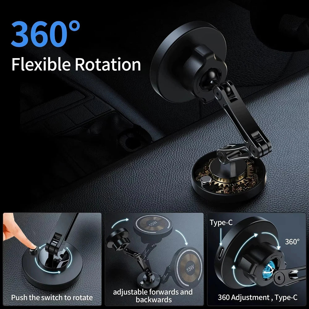 Car Phone Holder 15W Wireless Charging 360 Degree Rotating Aluminium Dashboard Mount