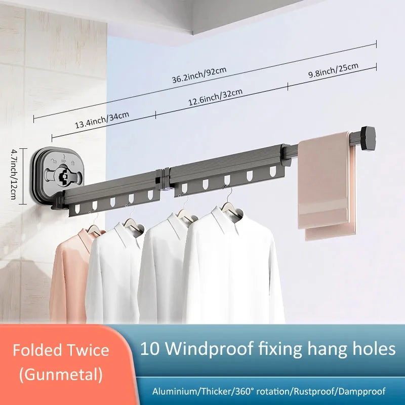 Retractable Clothes Drying Rack Wall Mounted Collapsible Laundry Hanger Rack Two-Fold Gray
