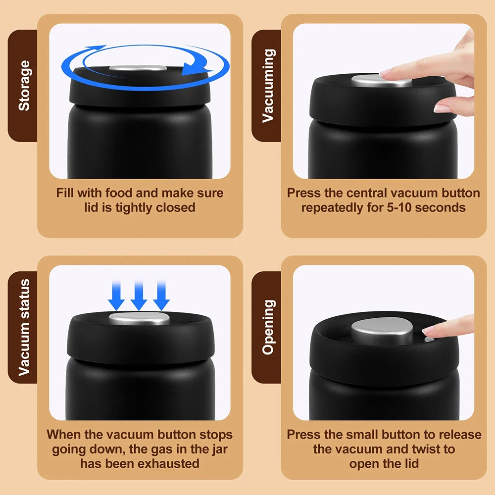 Coffee Storage Canister 1200mL Vacuum Sealed 304 Stainless Steel Airtight Food Container