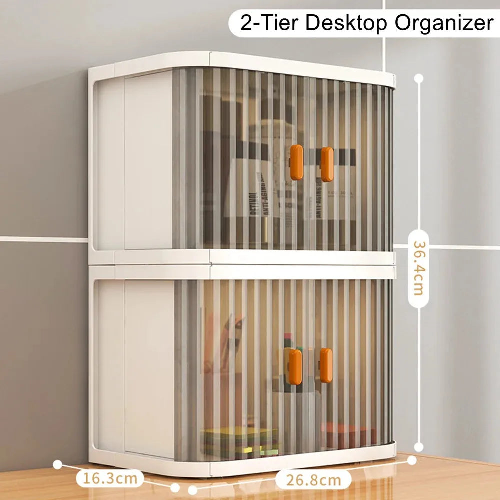 Collapsible Desktop Storage Box Rolling Door Stackable Plastic Organiser Two Layer – White