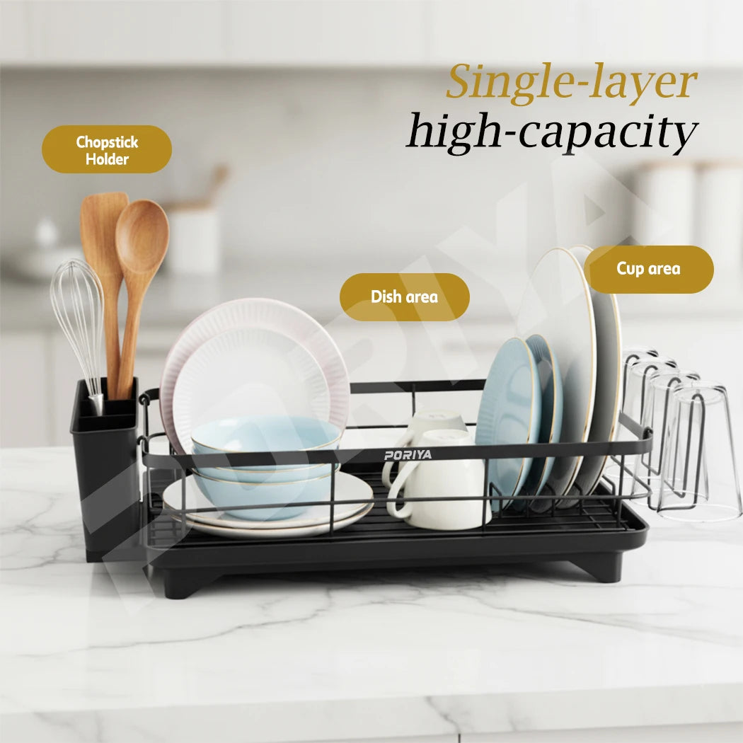 Dish Drying Rack 2 Tier Carbon Steel Dish Drainer with Auto Drain Spout Kitchen