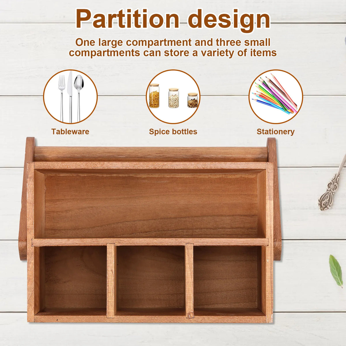 Wooden Utensil Holder 4 Compartments 23 cm Kitchen Storage Caddy with Carry Handle