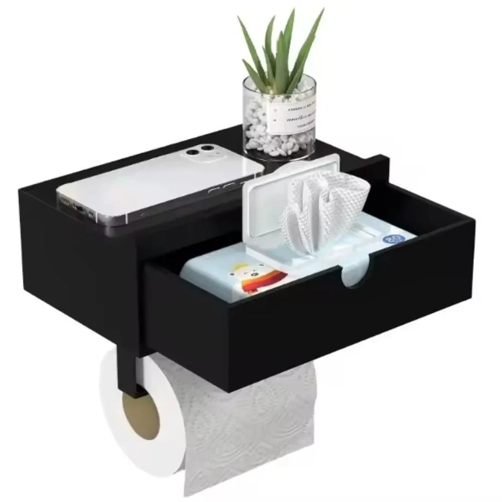 Toilet Paper Holder 275mm Wall Mounted Storage Shelf Adhesive Plastic Carbon Steel Dispenser – Black
