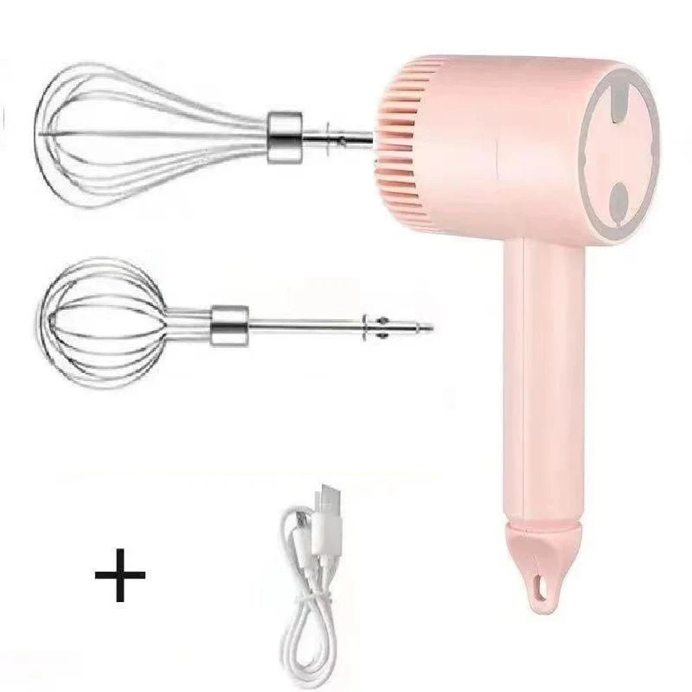 Wireless Electric Food Mixer USB Rechargeable Hand Mixer 3 Speed Egg Beater with Dual Whisks – Pink