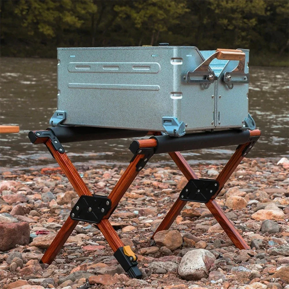 Folding Camping Cooler Rack Adjustable Wooden Stand - Brown