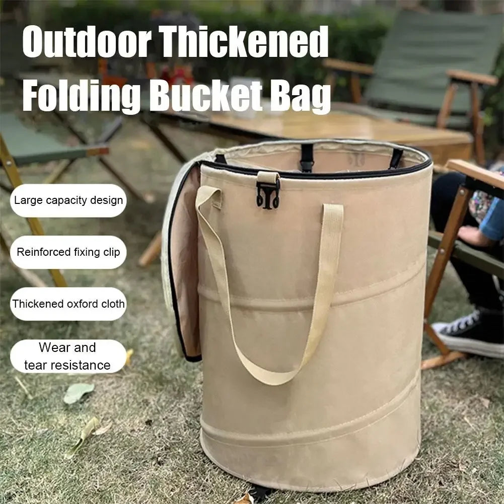 Outdoor Trash Can Foldable Oxford Cloth Garden Waste Storage Bin with Handles - Khaki