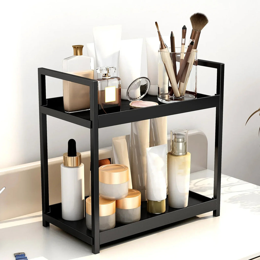 2 Tier Under Sink Organizer Sliding Storage Rack Hooks Bathroom Kitchen - Black