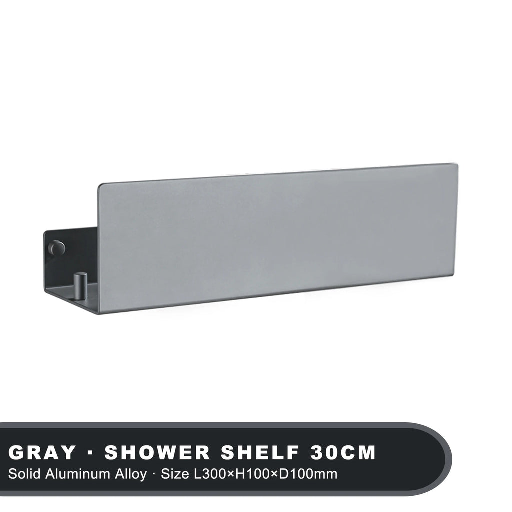 Bathroom Shelf 30cm Wall Mounted Aluminum Storage Rack Single Tier Organizer with Hooks - Gray