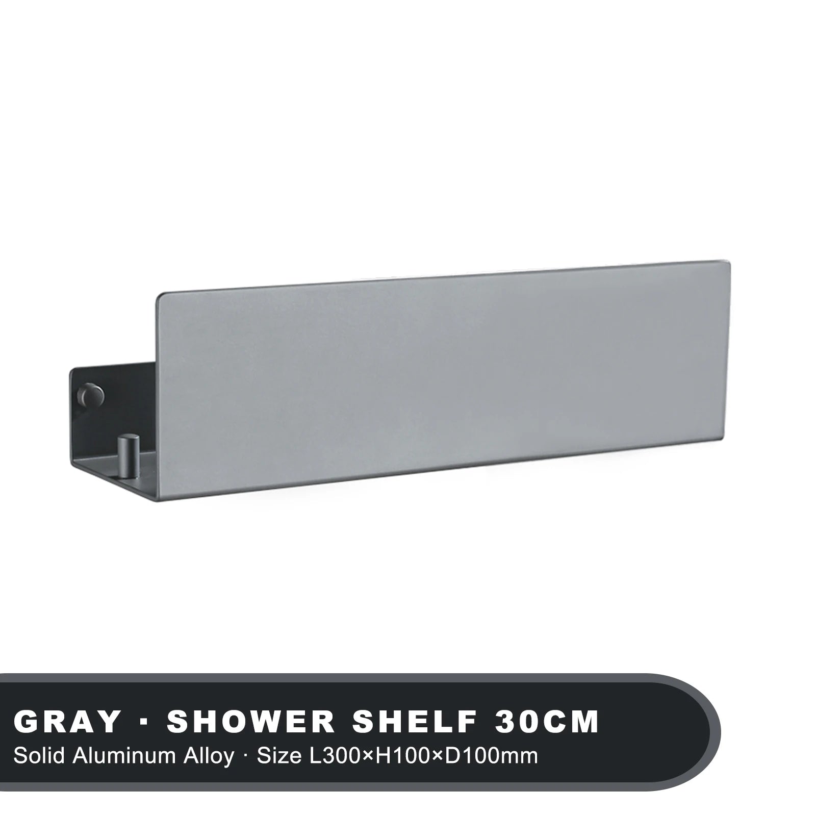 Bathroom Shelf 30cm Wall Mounted Aluminum Storage Rack Single Tier Organizer with Hooks - Gray