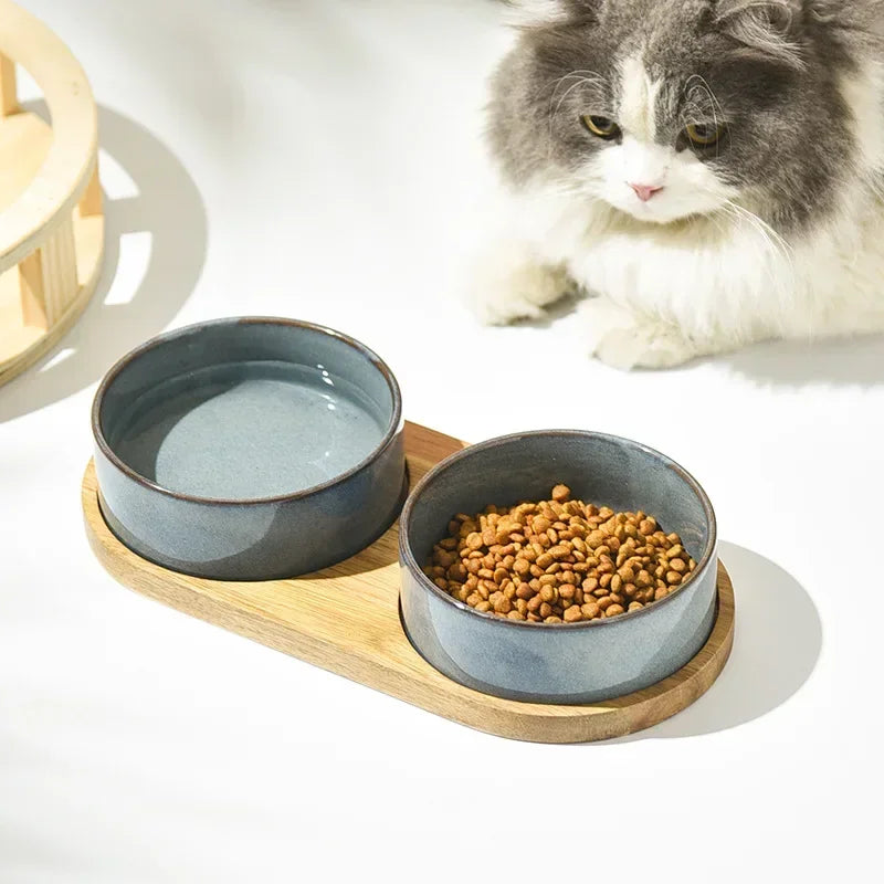 Ceramic Double Pet Feeding Bowl 850ml Raised Wooden Stand Anti-Spill Food Water Dish 15.5cm - Pink