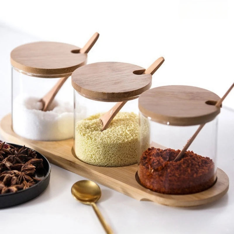 Spice Jar Set 3 Piece Glass 30 cm Bamboo Lid Containers with Spoons for Salt Sugar and Seasonings