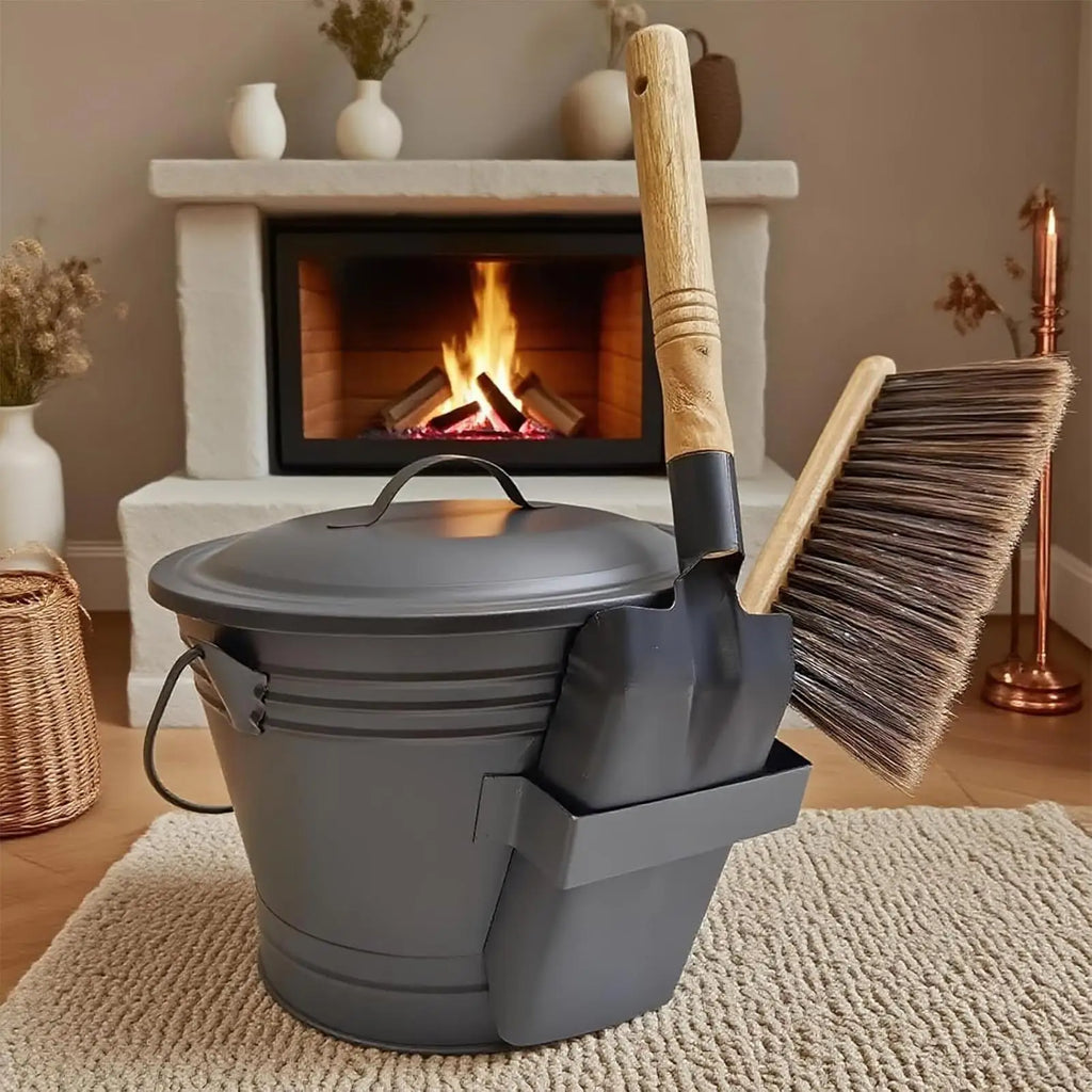 Ash Bucket 18cm Metal Fireplace Collection Can with Lid Shovel and Broom Set
