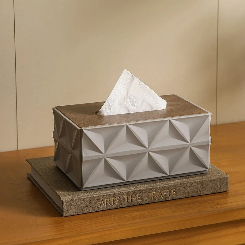 Large Capacity Ripple Tissue Box Cover with Wooden Lid Modern Desktop Tissue Holder Home Organizer – Grey