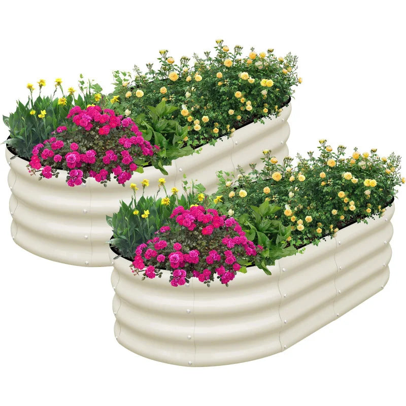 1PCS Oval-Shaped Galvanized Steel Sheet Planting Box – Large Outdoor Garden Bed, Multi-Colored Metal Planter - Beige 4X2X1FT