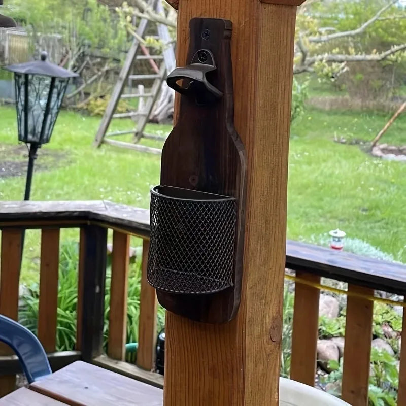 Industrial Wall Mounted Beer Bottle Opener with Cap Catcher Rustic Wooden Bottle Shaped Bar Opener – Brown