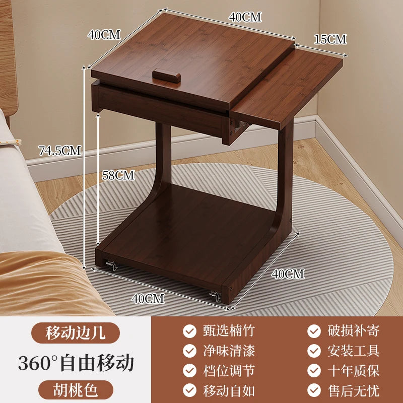 Mobile Side Table Adjustable Laptop Desk Bamboo Sofa End Table with Storage Shelf – Walnut
