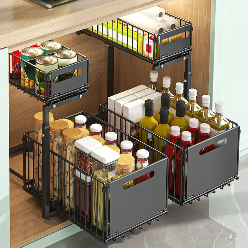 Portable Heavy Duty 2 Tier Under Sink Storage Organizer Adjustable Pull Out Cabinet Rack with Suction Base