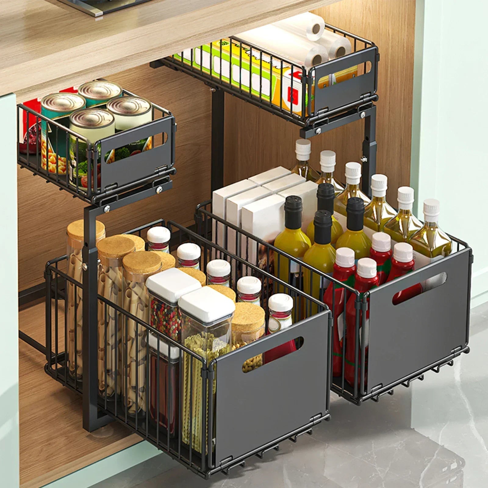Portable Heavy Duty 2 Tier Under Sink Storage Organizer Adjustable Pull Out Cabinet Rack with Suction Base