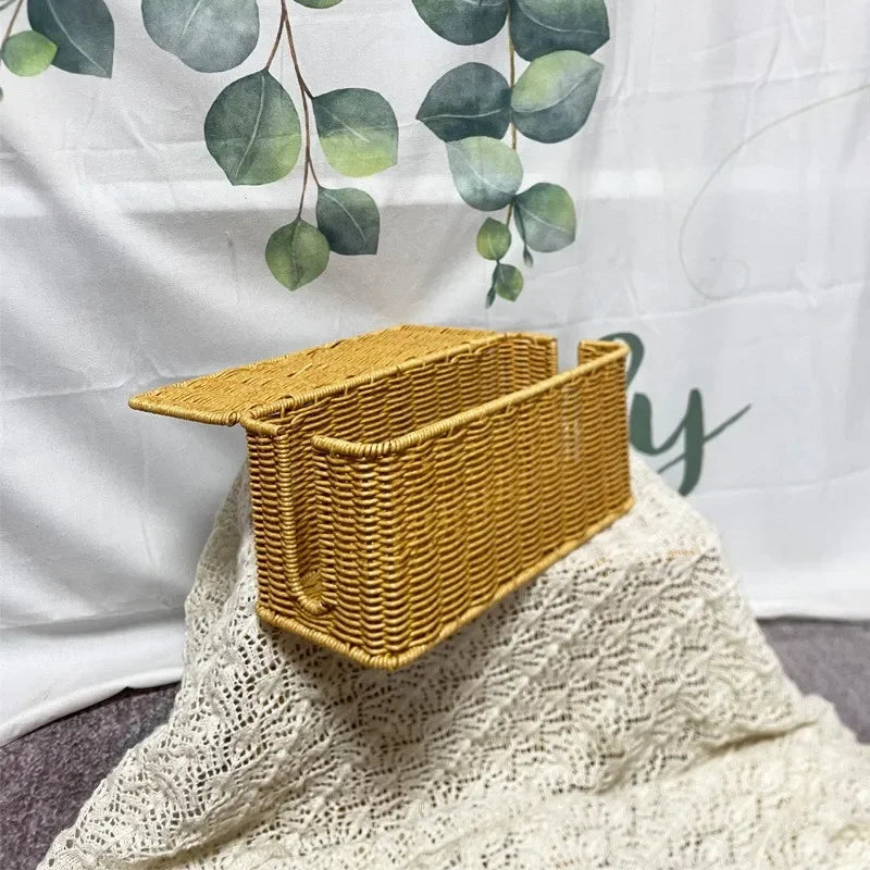 Rattan Cable Management Box Handmade Woven Cord Organiser for Desk & TV - Brown
