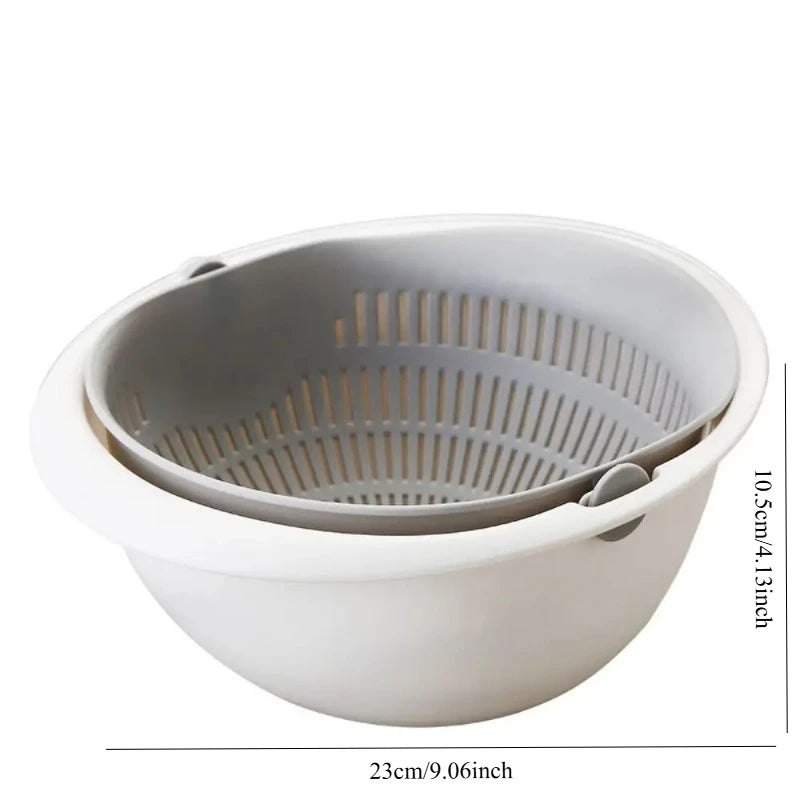 Rotatable Double Drain Basket 23cm Fruit Vegetable Washer Colander Strainer - Grey