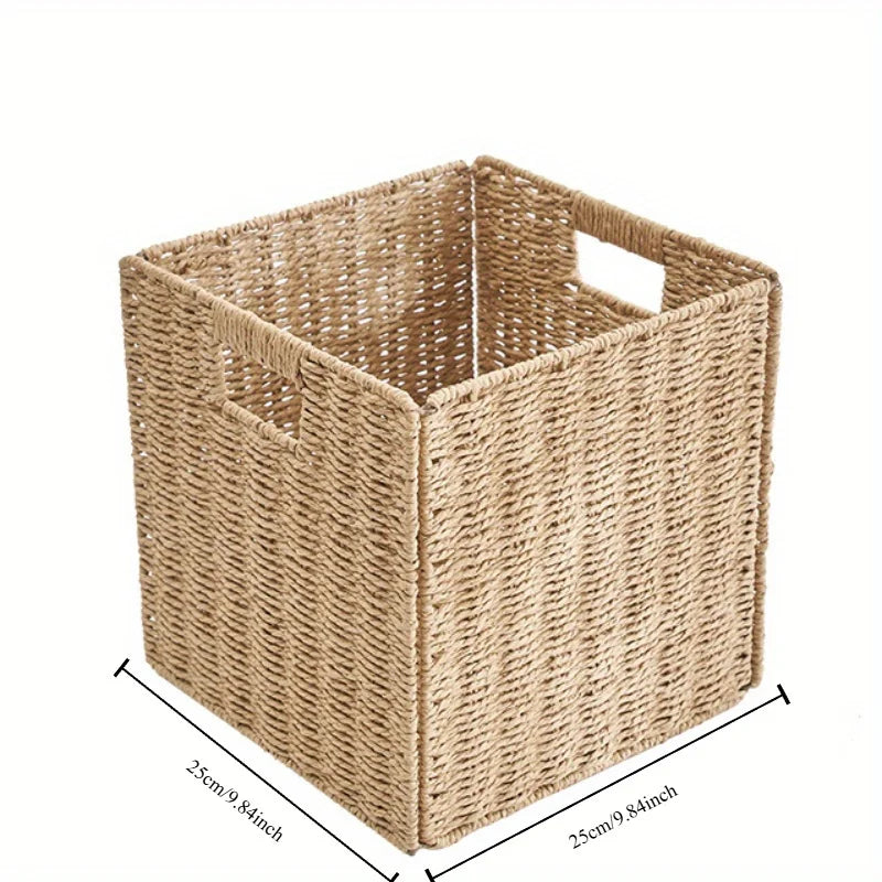Cube Storage Basket Wicker Foldable Clothing Organiser with Handles - Khaki
