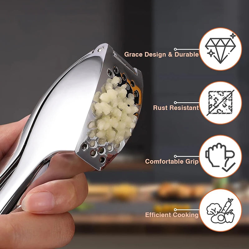 Garlic Press Zinc Alloy Manual Garlic Mincer Ergonomic Handle 180° Opening Kitchen Tool