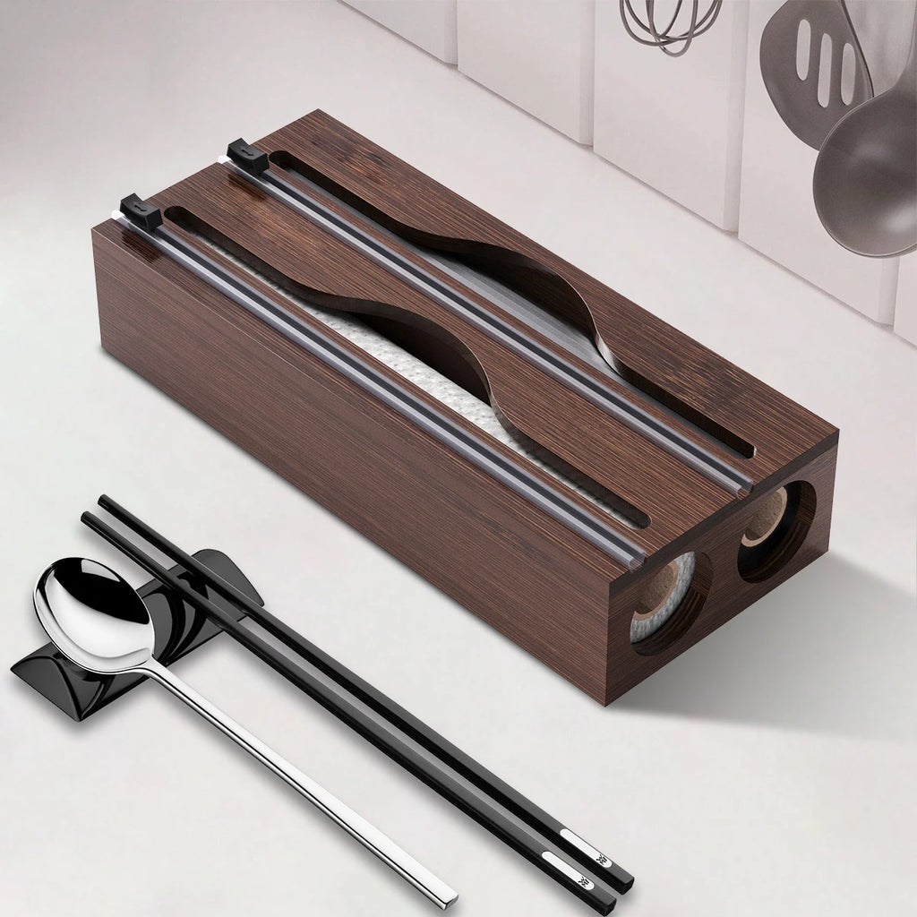 Kitchen Bag Organiser 2 Layer Bamboo Cling Film Foil Storage Dispenser with Cutter - White