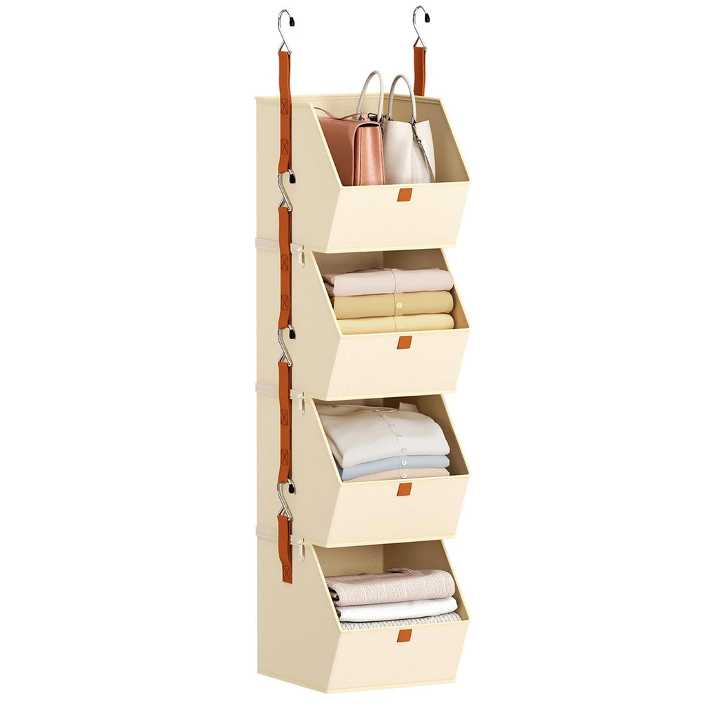 Foldable 4 Tier Hanging Closet Organizer Non-Woven Fabric Storage Shelves for Wardrobe – Beige