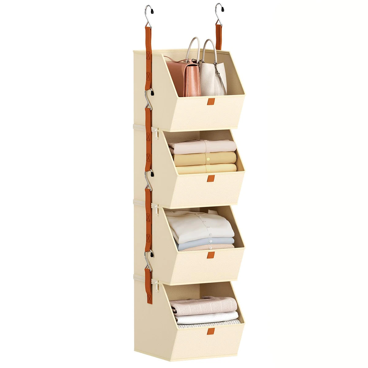 Foldable 4 Tier Hanging Closet Organizer Non-Woven Fabric Storage Shelves for Wardrobe – Beige