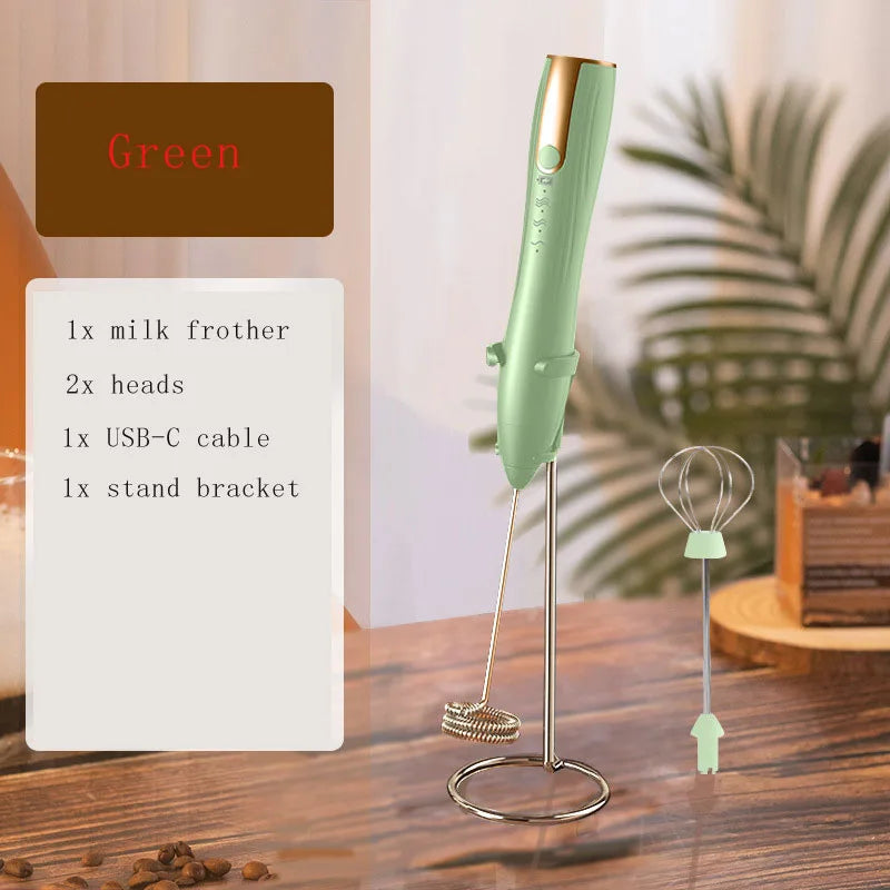 Rechargeable Electric Milk Frother 3 Speed Handheld Whisk with Dual Stainless Steel Heads and Stand – Green