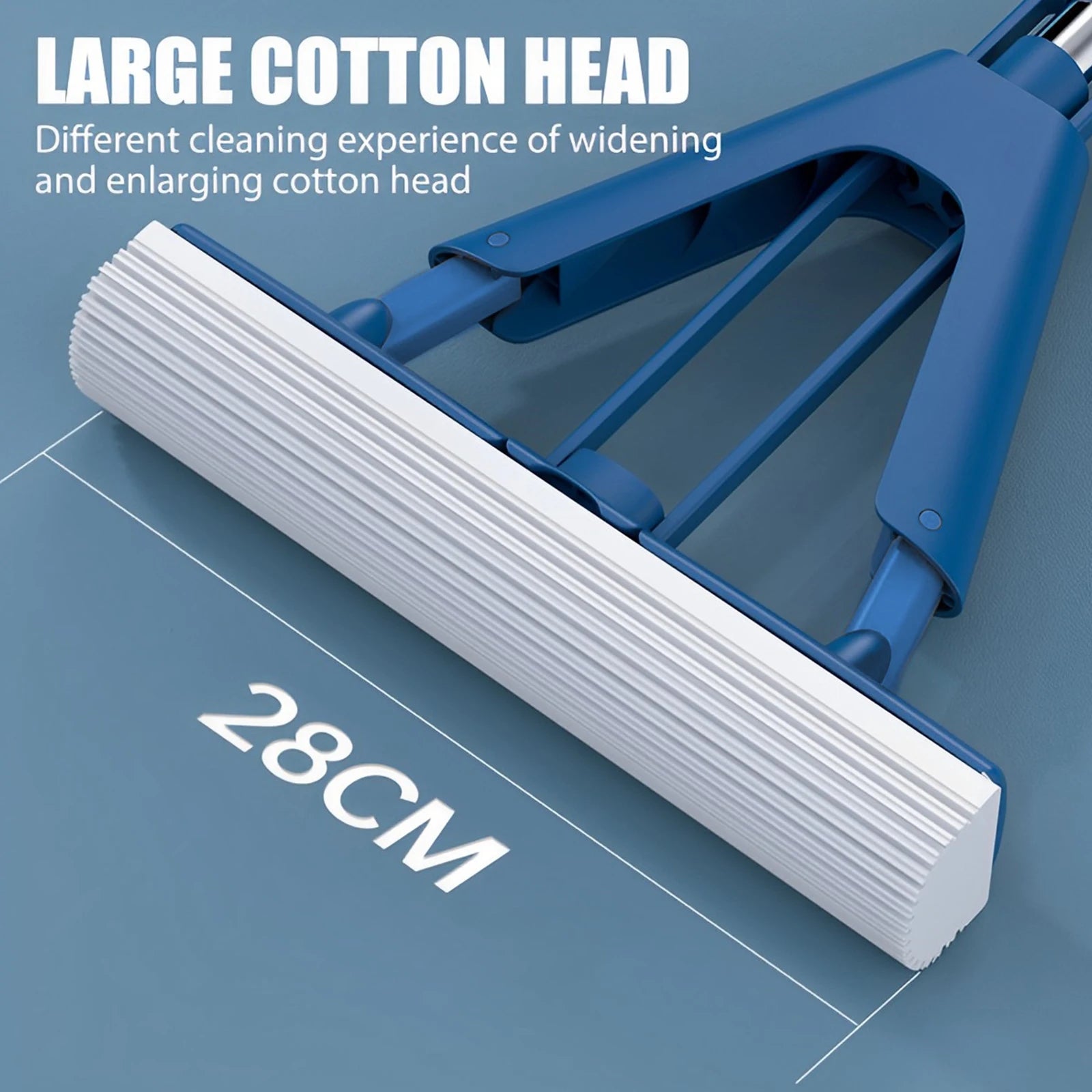 Foldable Self-Draining Sponge Mop with Telescopic Handle 96–128cm and 2 Replacement Heads - Blue