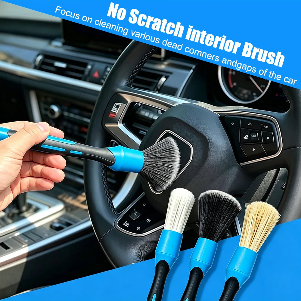 Car Detailing Brush Set 3 Piece Interchangeable Bristle Cleaning Kit Angled Handle Dashboard Care