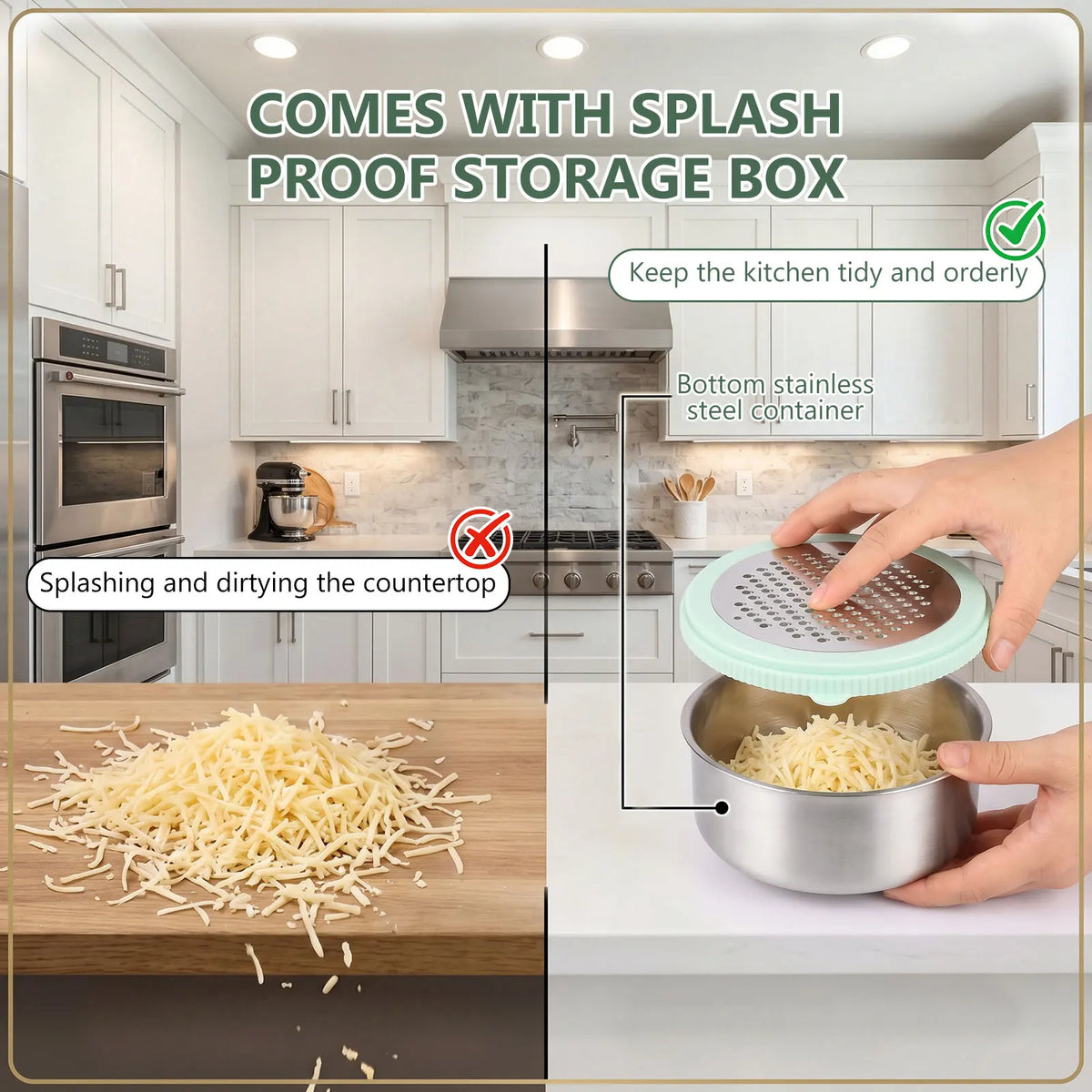 4-in-1 Cheese Grater Stainless Steel Food Shredder With Container – Green