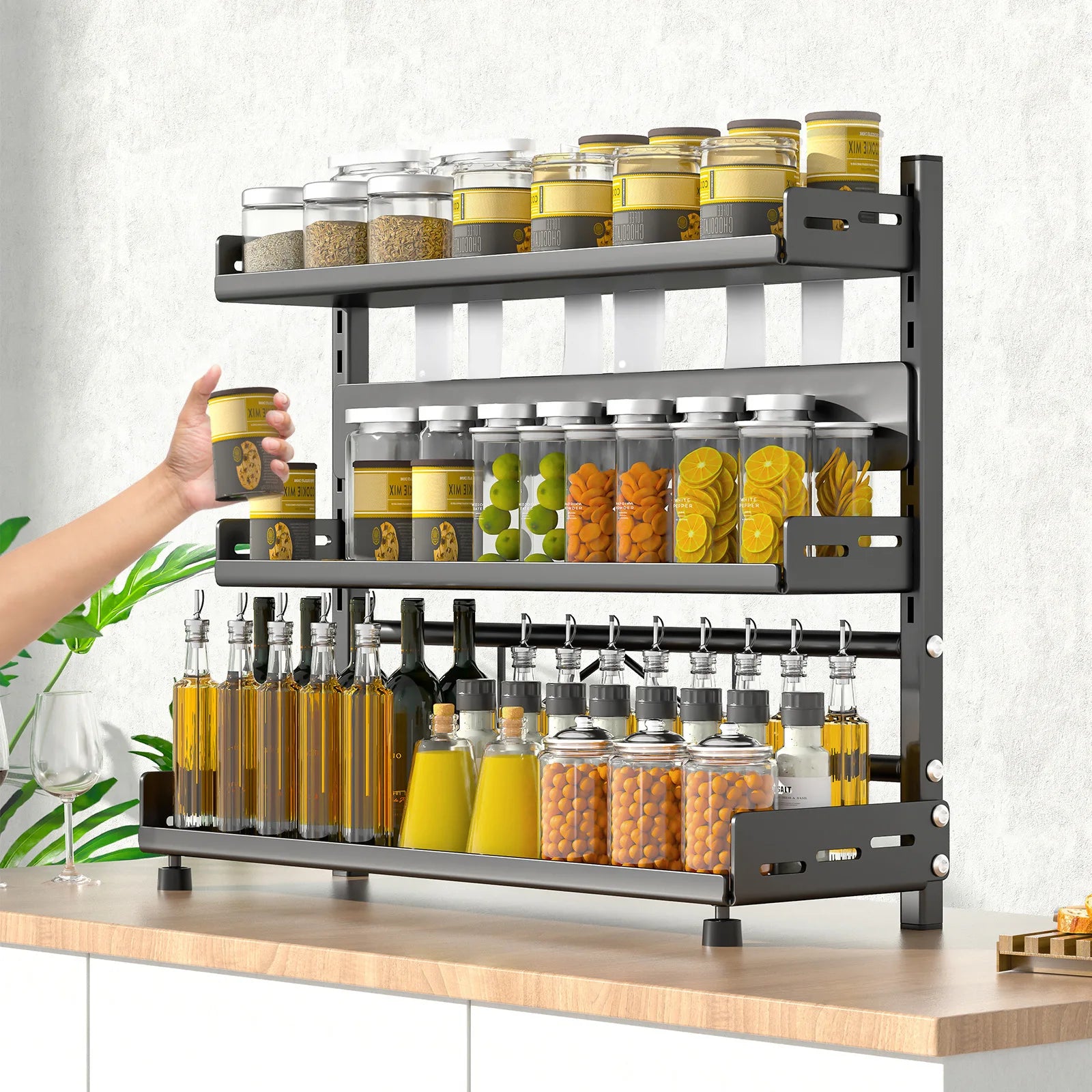 3 Tier Spice Storage Rack 50cm Adjustable Steel Countertop Organizer Black