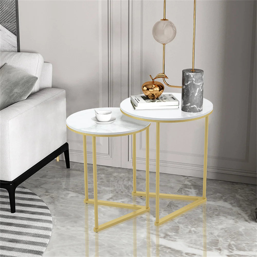 Nesting Side Table Set 2 Piece Sintered Stone Top Metal Base Round Tables - White