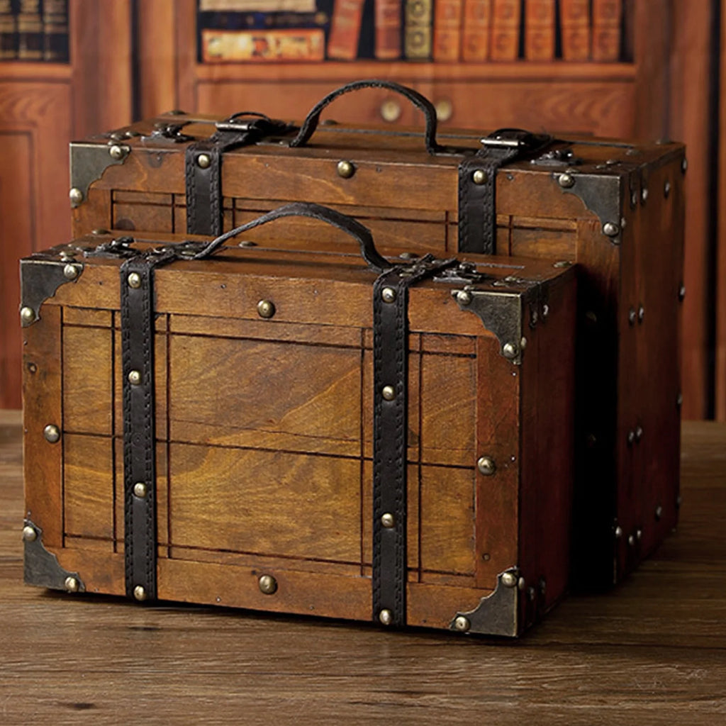 Wooden Storage Trunk Portable Vintage Handbag Style 34.3 cm Heavy Duty Multifunction Box