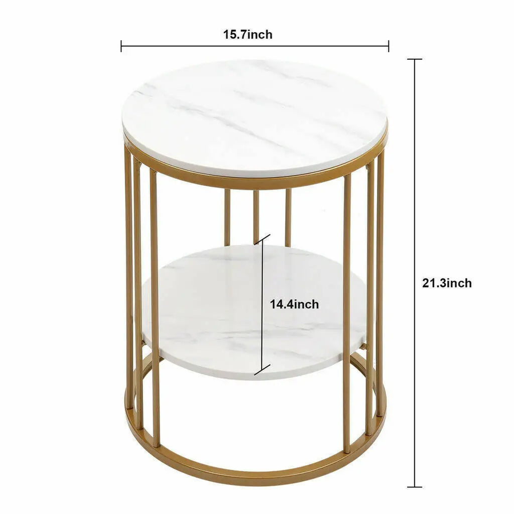 2-Tier Round Side Table with Marble-Style Top and Storage Shelf Gold and White