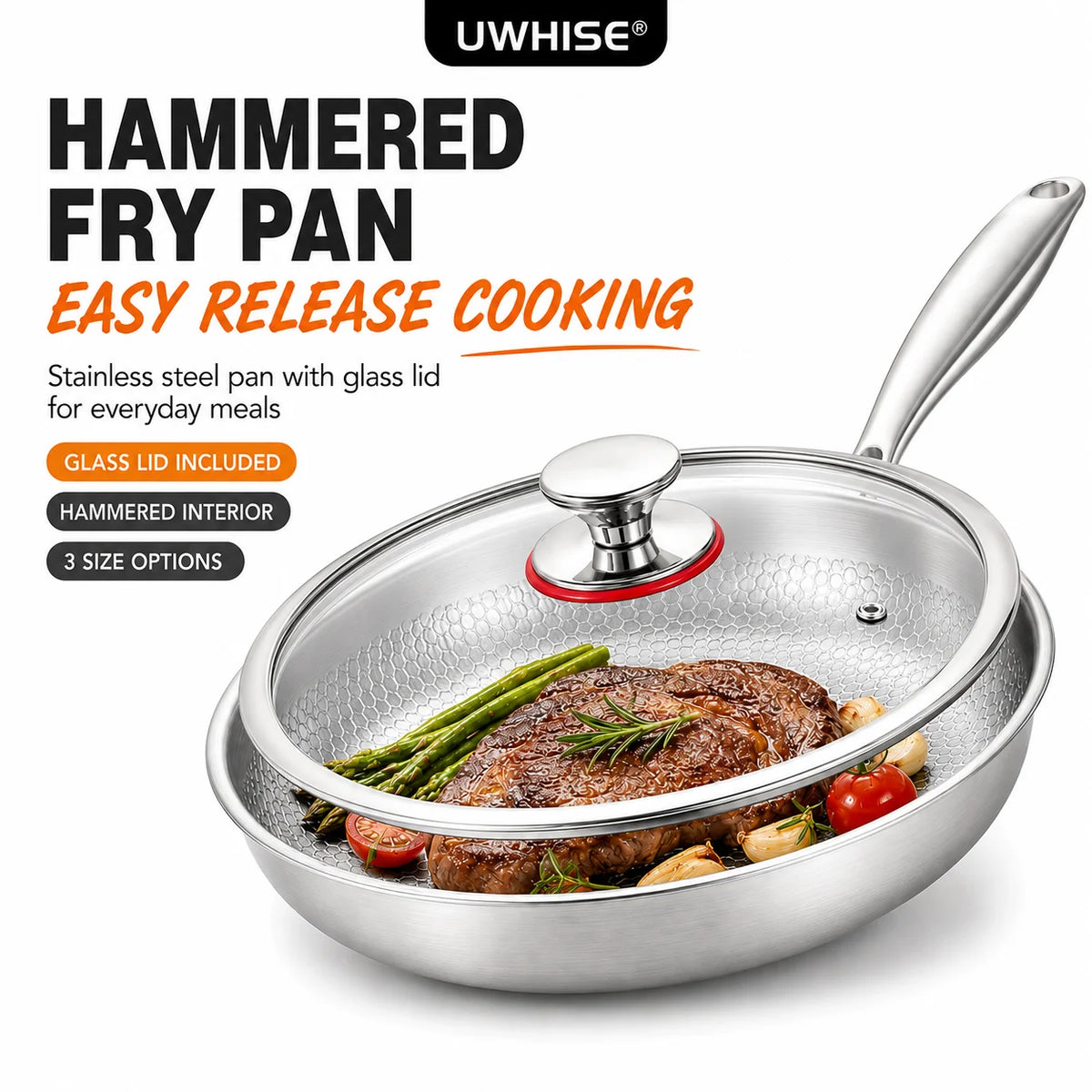 Frying Pan 26 cm Uncoated Stainless Steel Hammered Skillet with Glass Lid for Gas and Induction Cooktops