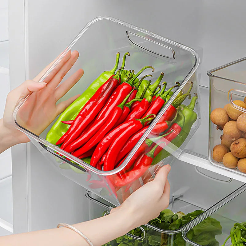 Small Refrigerator Storage Bin Transparent Stackable Food Organizer Container with Carry Handles