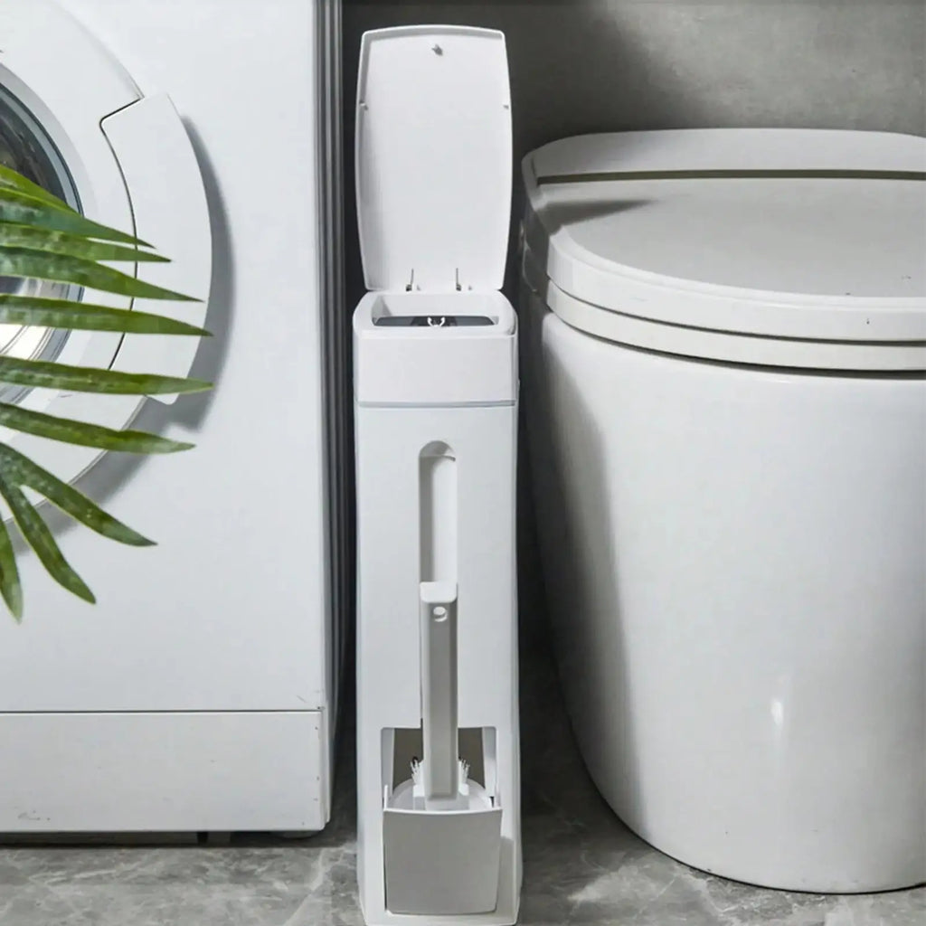 Bathroom Trash Can and Toilet Brush Combo 4.5L Slim Design with Lid Space Saving Set White