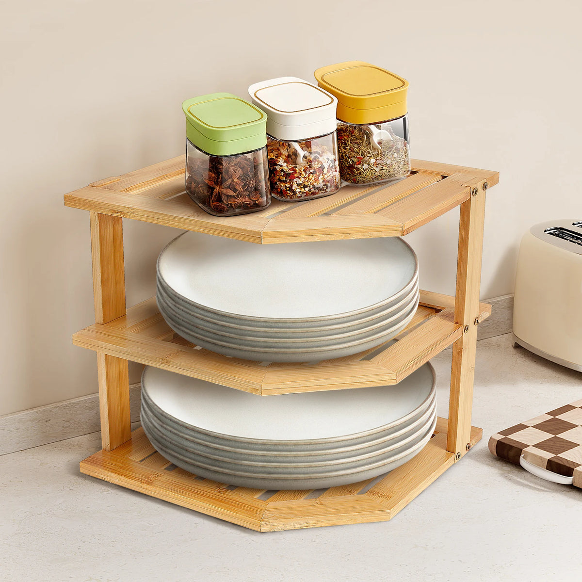 Cabinet Organiser 3 Tier Bamboo Corner Storage Shelf for Kitchen Countertop