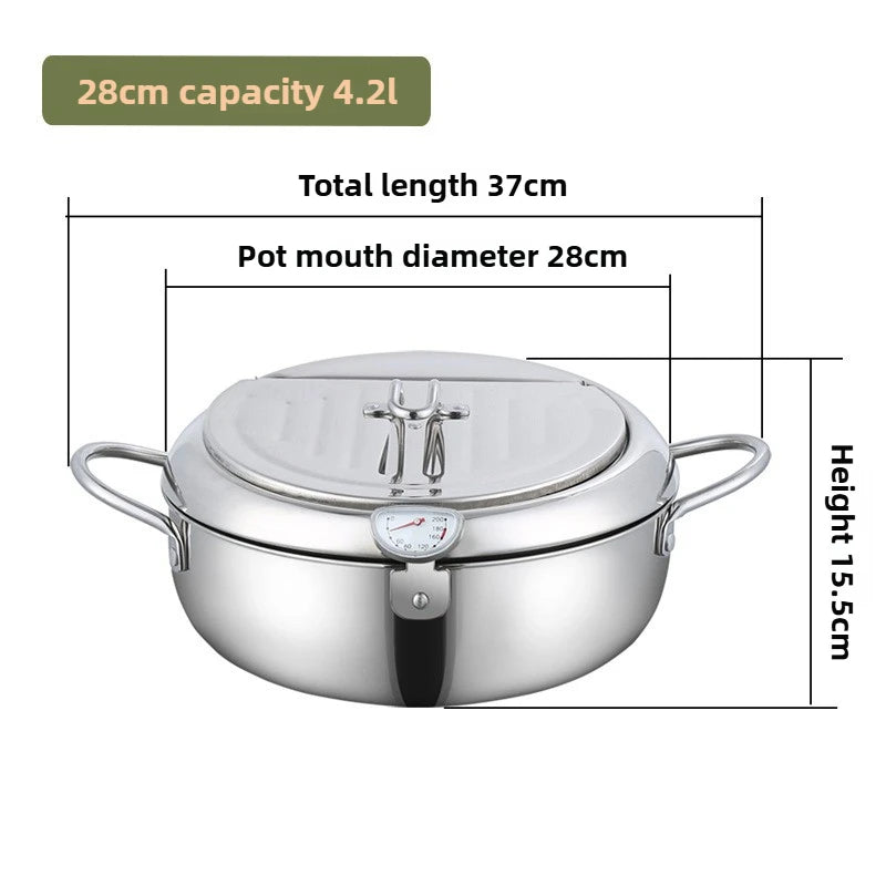 Deep Fryer 37 cm Stainless Steel Pot with Thermometer and Oil Draining Rack - Large