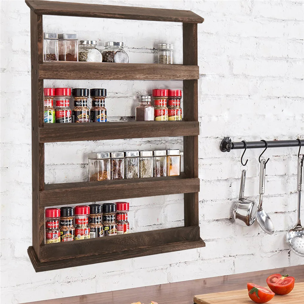 4 Tier Wall Mounted Wooden Spice Rack Floating Storage Shelf Kitchen Organizer – Brown