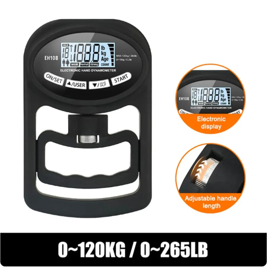 Grip Strength Tester Digital Hand Dynamometer 120kg Capacity LCD Display USB Rechargeable - Black