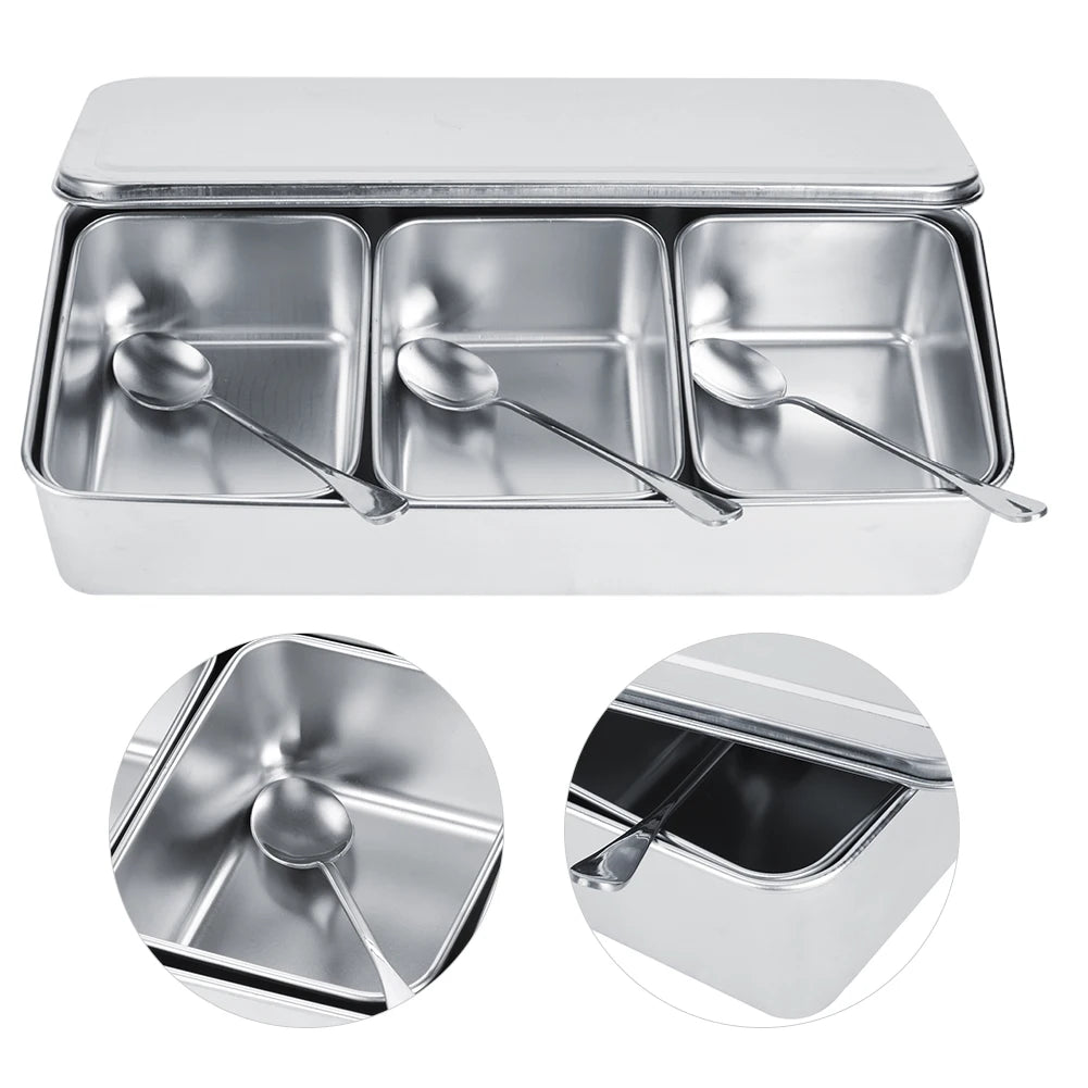 Seasoning Box 3 Grid 630mL Stainless Steel Spice Storage Container Set with Lid and Spoons - Silver