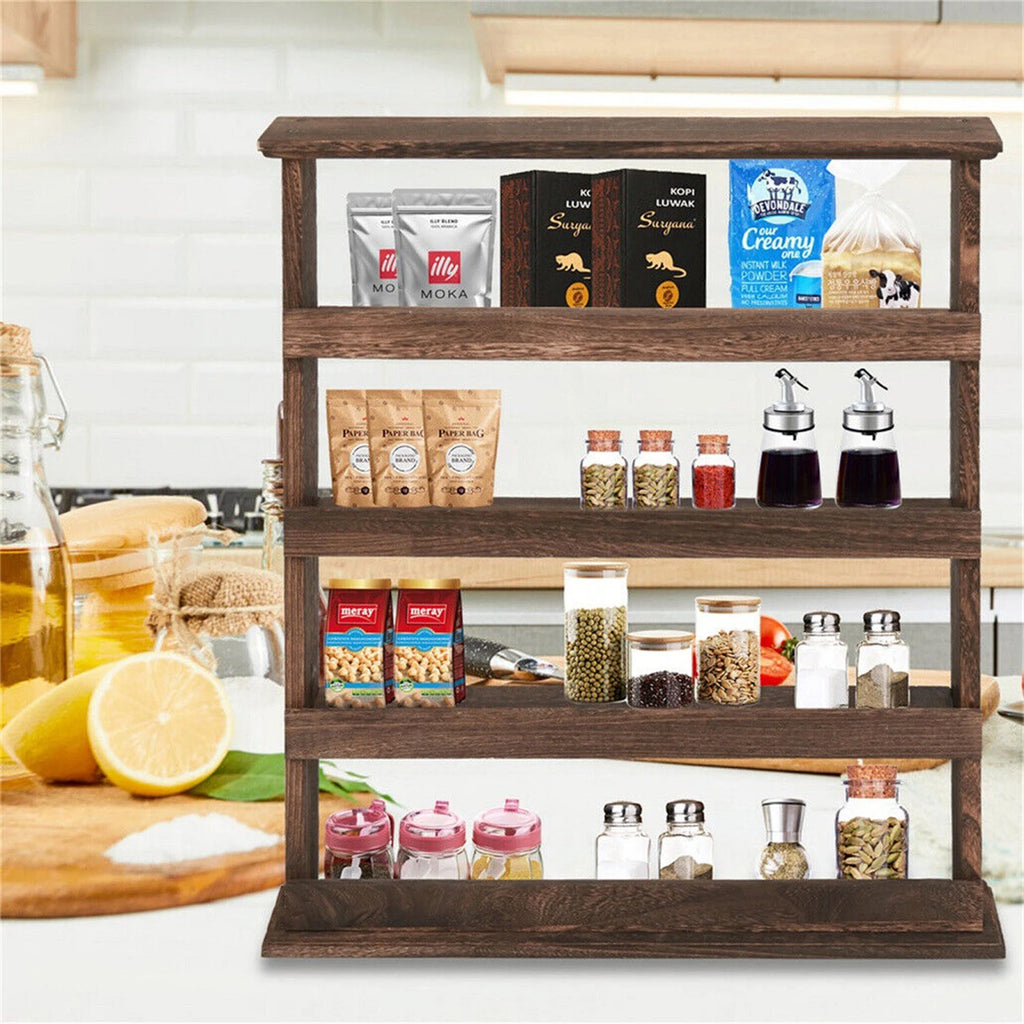 4 Tier Wall Mounted Wooden Spice Rack Floating Storage Shelf Kitchen Organizer – Brown