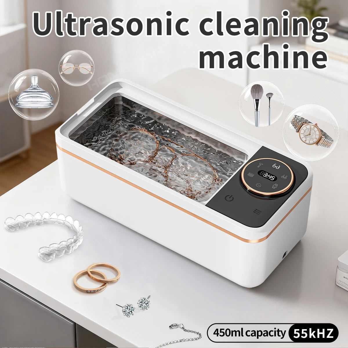 Ultrasonic Cleaner 55KHZ Portable Cleaning Machine 11W for Glasses Jewelry White