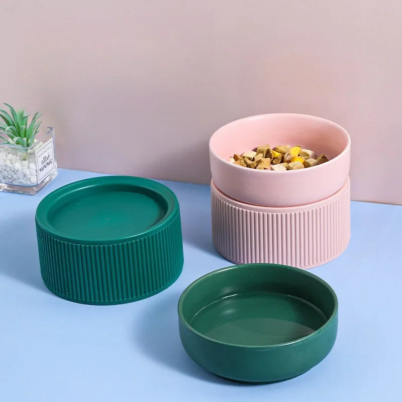 Ceramic Elevated Double Pet Feeding Bowl 13.3cm Raised Food Water Dish with Stand - White