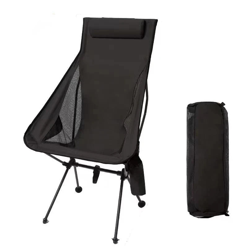 Portable Folding Camping Chair with Headrest Lightweight Aluminum Alloy Outdoor Chair - Black